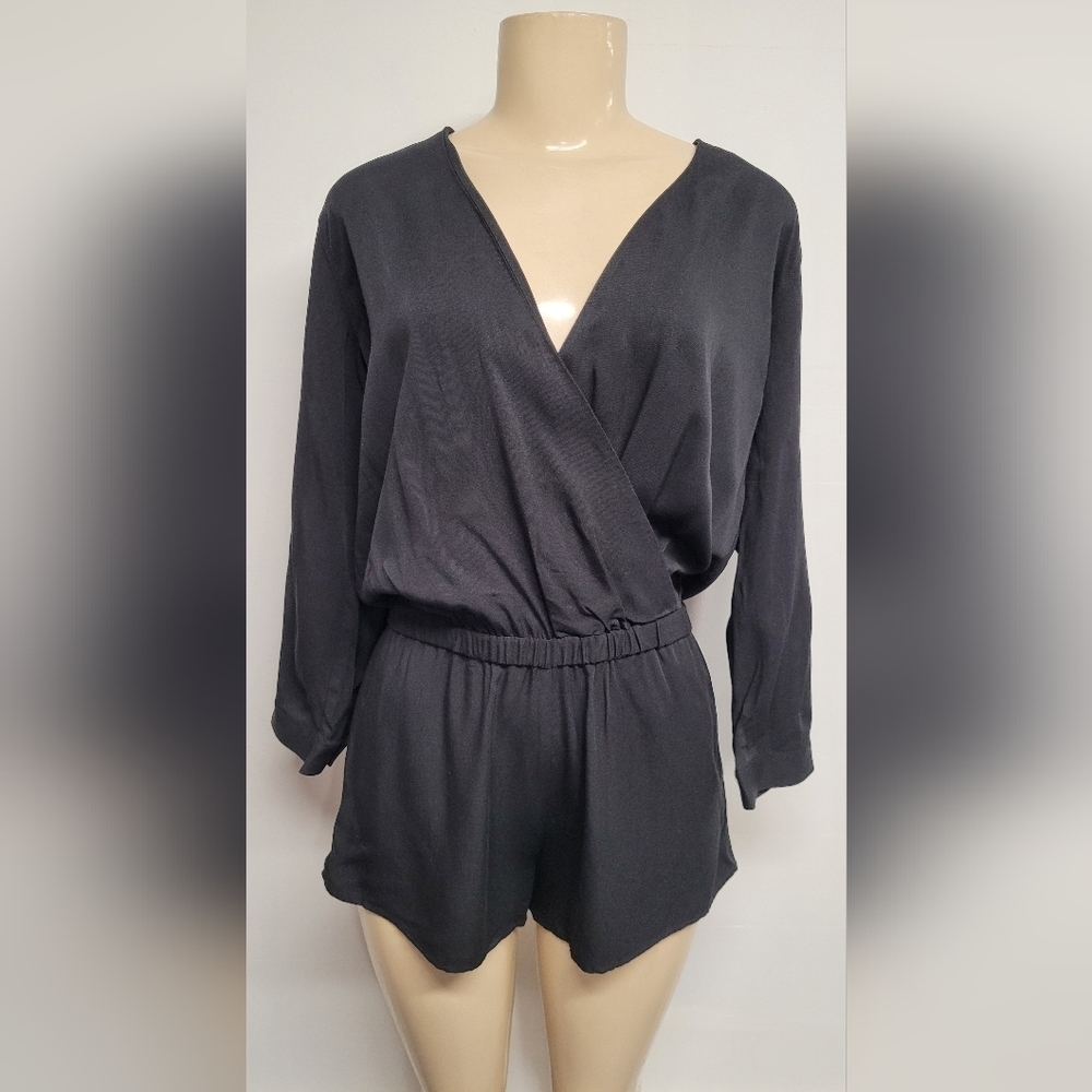 American Apparel Black Romper Plunge Crisscross V Neck Elastic Waist S